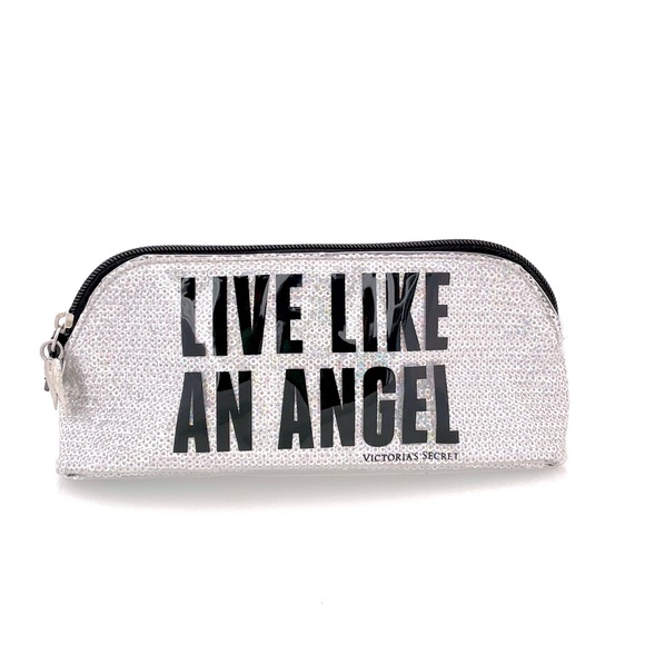 Victoria's Secret Handbags - VICTORIA'S SECRET Black Silver Live Like An Angel Makeup Bag Cosmetics Pouch